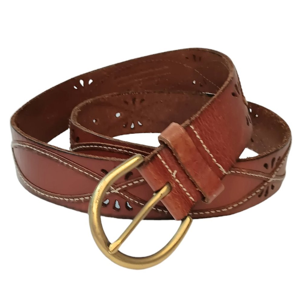 Eddie Bauer Brown Leather Belt Cutouts Stitching Brass Buckle Size Medium